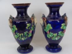CONTINENTAL MAJOLICA STYLE VASES, A PAIR - Cobalt Blue ground with Satyr/Bacchus mask handles with