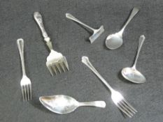 SILVER CUTLERY - a parcel to include a Georgian silver caddy spoon with pokerwork pattern into the