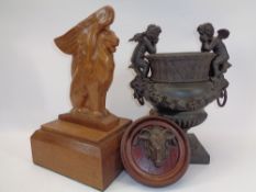 MIXED COLLECTABLES GROUP, 3 ITEMS - a stylised winged lion carved in oak on a stepped base, 35cms H,
