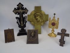 MIXED ECCLESIASTICAL TYPE METALWARE and a carved bog oak type cross, metalware includes a gilt brass