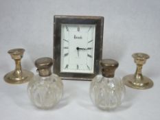 HALLMARKED SMALL SILVER, FIVE ITEMS - to include a Harrods Knightsbridge clock with silver mounted