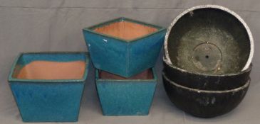 GARDEN PLANTERS - graduated square trio, 30 x 44cms the largest, and three composition black