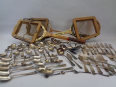 VINTAGE TENNIS/BADMINTON RACQUETS and a quantity of EPNS cutlery, loose