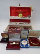 VICTORIAN & LATER JEWELLERY, WATCHES ETC IN A VINTAGE JEWELLERY BOX to include a Miracle stone set
