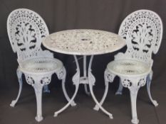 GARDEN FURNITURE - white painted circular metalware table, 69cms diameter and two chairs
