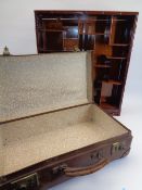 CHINESE HARDWOOD WALL HANGING DISPLAY RACK & A VINTAGE SUITCASE, 57.5cms H, 50cms W, 11cms D and