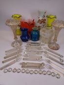 VICTORIAN LUSTRES & MIXED COLOURFUL GLASSWARE - the lustres in white and gilt decorated overlay