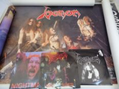 VENOM HEAVY ROCK BAND 45RPM SINGLES & POSTERS - 3 plus 3, along with three other posters, mixed