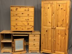 MODERN PINE BEDROOM FURNITURE - two door wardrobe, 183cms H, 93cms W, 61cms D, five drawer chest,