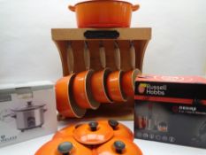 LE CREUSET CAST IRON PAN SET & ASSOCIATED HANGING RACK and two further boxed electric kitchen