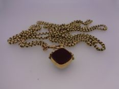 9CT GOLD SWIVEL AGATE FOB on a 76cms L belcher link necklace, 33.4grms gross, 29.1grms necklace
