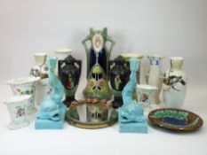 WEDGWOOD FISH CANDLEHOLDERS, a pair of Milk glass vases, Barbola circular mirror and a quantity of
