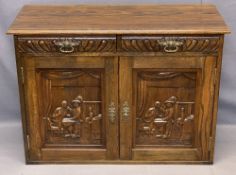 REPRODUCTION OAK SIDEBOARD - neatly proportioned and carved continental style with interior Inn