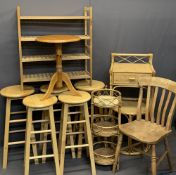 LIGHTWOOD FURNITURE PARCEL, 11 PIECES - five bar stools, 74cms H, 33cms diameter the largest, wine