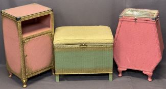 LLOYD LOOM STYLE BEDROOM FURNITURE, 3 ITEMS - a shaped linen basket with chrome mounts and