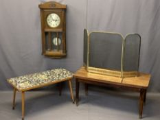 VINTAGE OAK CASED WALL CLOCK, tiled top coffee table and one other and a modern folding brass