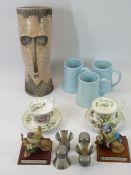 LEONARDO GARDEN BIRDS ON WOODEN PLINTHS, Royal Albert cabinet cups and saucers, pottery tankards,