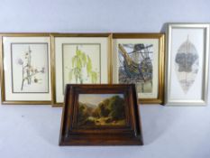 FRAMED DECORATIVE PICTURES & PRINTS (5) including a Japanese reverse leaf print, 28 x 13cms
