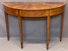 CROSSBANDED MAHOGANY & BURR WALNUT SHERATON STYLE HALF MOON HALL TABLE - the segmented veneer top