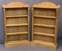 REPRODUCTION PINE BOOKSHELVES, A PAIR - railback with turned front detail and four shelves on a