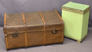 STEAMER BANDED TRUNK, 40cms H, 84cms W, 54cms D and a Loom linen basket, 54cms H, 36cms W, 26cms D