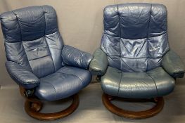 LADY'S & GENT'S STRESSLESS SWIVEL ARMCHAIRS IN BLUE, 100cm heights, 88 and 78cm widths, 52 and