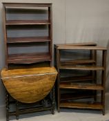 THREE VINTAGE OPEN BOOKSHELVES and an oak barley twist gate-leg dining table, 110 and 108cm heights,