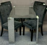 DINING TABLE & FOUR CHAIRS - stylish glass topped table with four pedestals, 77cms H, 80cms W, and a