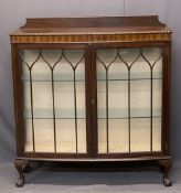 MAHOGANY RAILBACK TWO DOOR CHINA DISPLAY CABINET - with interior glass shelves on ball and claw
