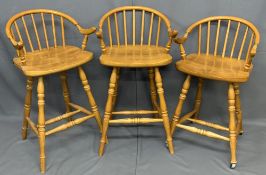 MODERN STOOLS - set of three lightwood with bow and spindle elbow backs