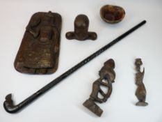 TREEN & COMPOSITE - carved ebony bird walking stick, carved plaque and other ethnic figures