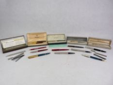 WRITING PENS - a parcel of thirteen Parker pens, two Schaeffer, one other and two propelling