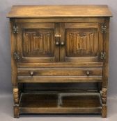 HUTCH CUPBOARD - with linen fold twin doors above a single drawer and base shelf, 86cms H, 79cms W,