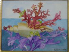 E B WATTS acrylic on paper entitled 'Shell in water' on Manchester Art House Gallery label verso,