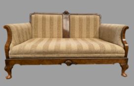 ART DECO STYLE SOFA in walnut with carved shell detail on pad feet, 77cms H, 140cms W, 77cms D
