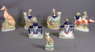 STAFFORDSHIRE FLATBACKS - two buildings, a pair of Scottish figures with livestock, a cow