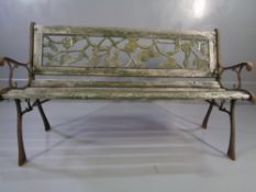 VINTAGE GARDEN BENCH with cast ends and wooden slats, 74cms H, 126cms W, 43cms D