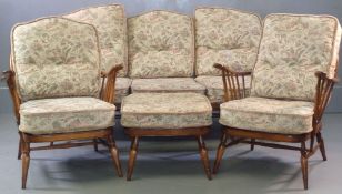 ERCOL MEDIUM THREE PIECE SUITE & FOOTSTOOL - spindlebacked, 1metre H (with cushions), 80cms D (the
