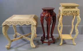 EASTERN PLANTER STANDS - one hardwood, 76cms H, the other composite and a similar composite square