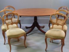 ANTIQUE DINING TABLE & SIX CHAIRS - tilt top mahogany table with oval centre pedestal, 71cms H,