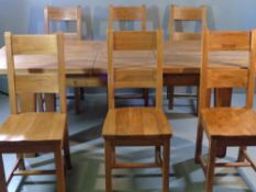MODERN DINING TABLE & SIX CHAIRS, excellent chunky oak extending (leaf within) example, 79cms H,