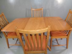 ERCOL DINING TABLE & FOUR CHAIRS - light wood, extender with flip-out central leaf, 75cms H,