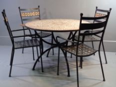 GARDEN FURNITURE - circular table with metal and mosaic design top, 110cms diameter and a set of