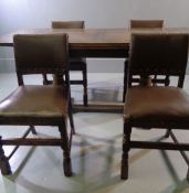 DINING TABLE & FOUR CHAIRS, vintage draw leaf and a set of four studded and rexine covered, 76cms H,
