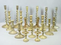 VICTORIAN & LATER BRASS CANDLESTICKS, 10 PAIRS along with a brass open box base mirror with Art