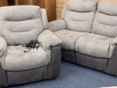 TWO TONE SUEDE SOFA WITH MATCHING CHAIR, BOTH ELECTRIC RECLINER - 100cms H, 165cms W, 102cms D the