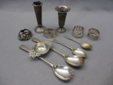 SMALL SILVER, 10 HALLMARKED ITEMS - a tea strainer, pair of salad servers, two napkin rings, one