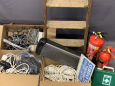 WOODEN STEPLADDER, CHROME PEG BOARD HOOKS & HANGERS, fire extinguishers, extension leads and other