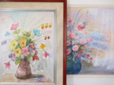G BENELLI oil on canvas - Flowers in a vase, 49 x 39cms with a similar by JAN BATES mixed media -
