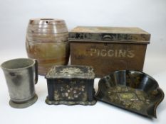 MIXED COLLECTABLES GROUP - a mother of pearl inlaid papier mache tea caddy and a crumb tray, tin